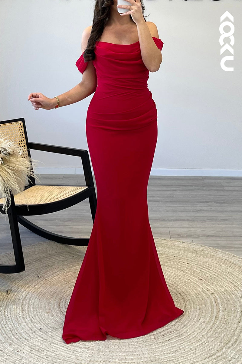 L1465 - Mermaid/Trumpet Off Shoulder Pleated Satin Long Semi Formal Dress