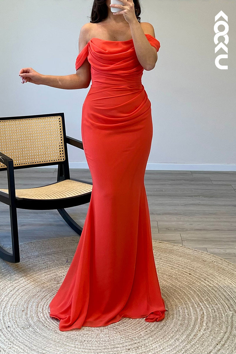 L1465 - Mermaid/Trumpet Off Shoulder Pleated Satin Long Semi Formal Dress