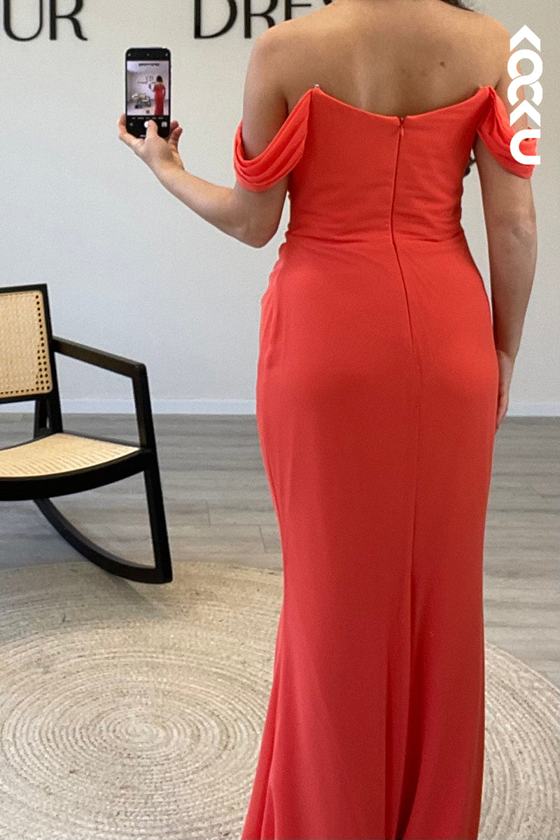 L1465 - Mermaid/Trumpet Off Shoulder Pleated Satin Long Semi Formal Dress