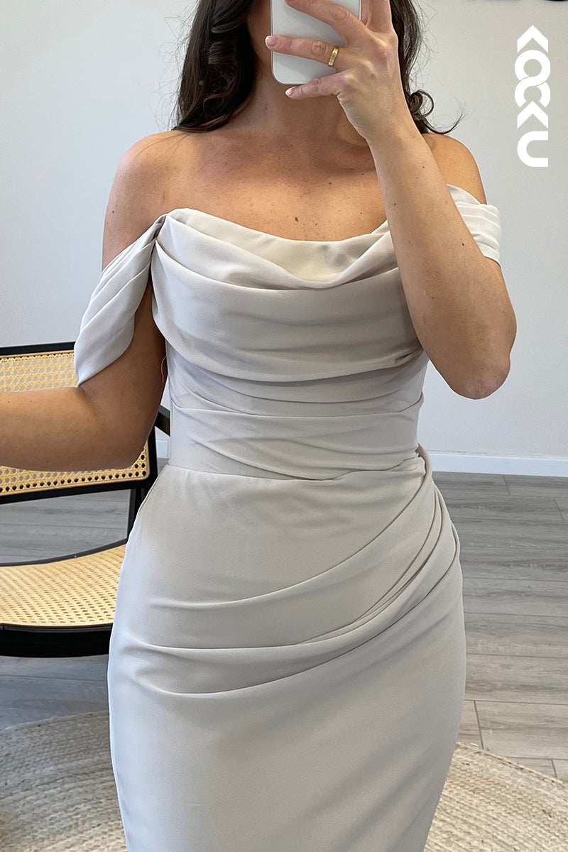 L1465 - Mermaid/Trumpet Off Shoulder Pleated Satin Long Semi Formal Dress