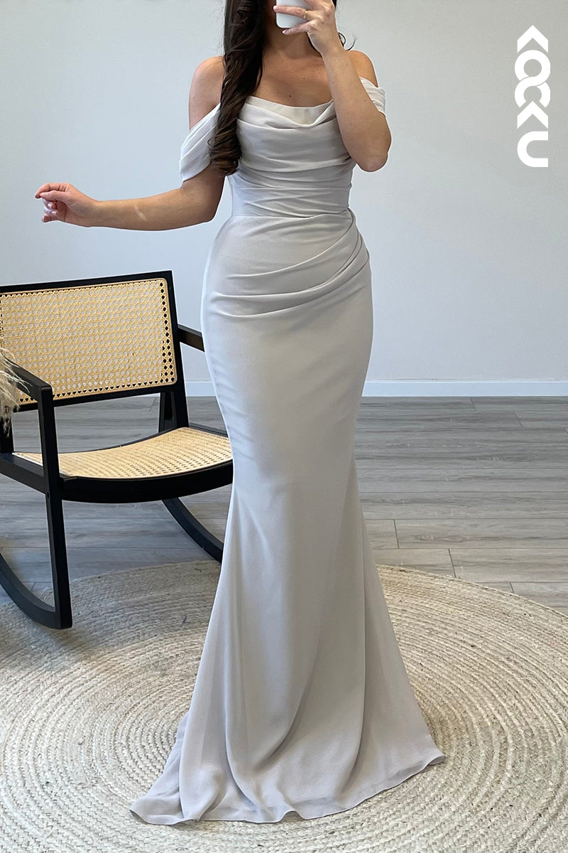 L1465 - Mermaid/Trumpet Off Shoulder Pleated Satin Long Semi Formal Dress