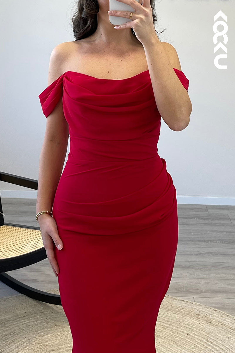 L1465 - Mermaid/Trumpet Off Shoulder Pleated Satin Long Semi Formal Dress