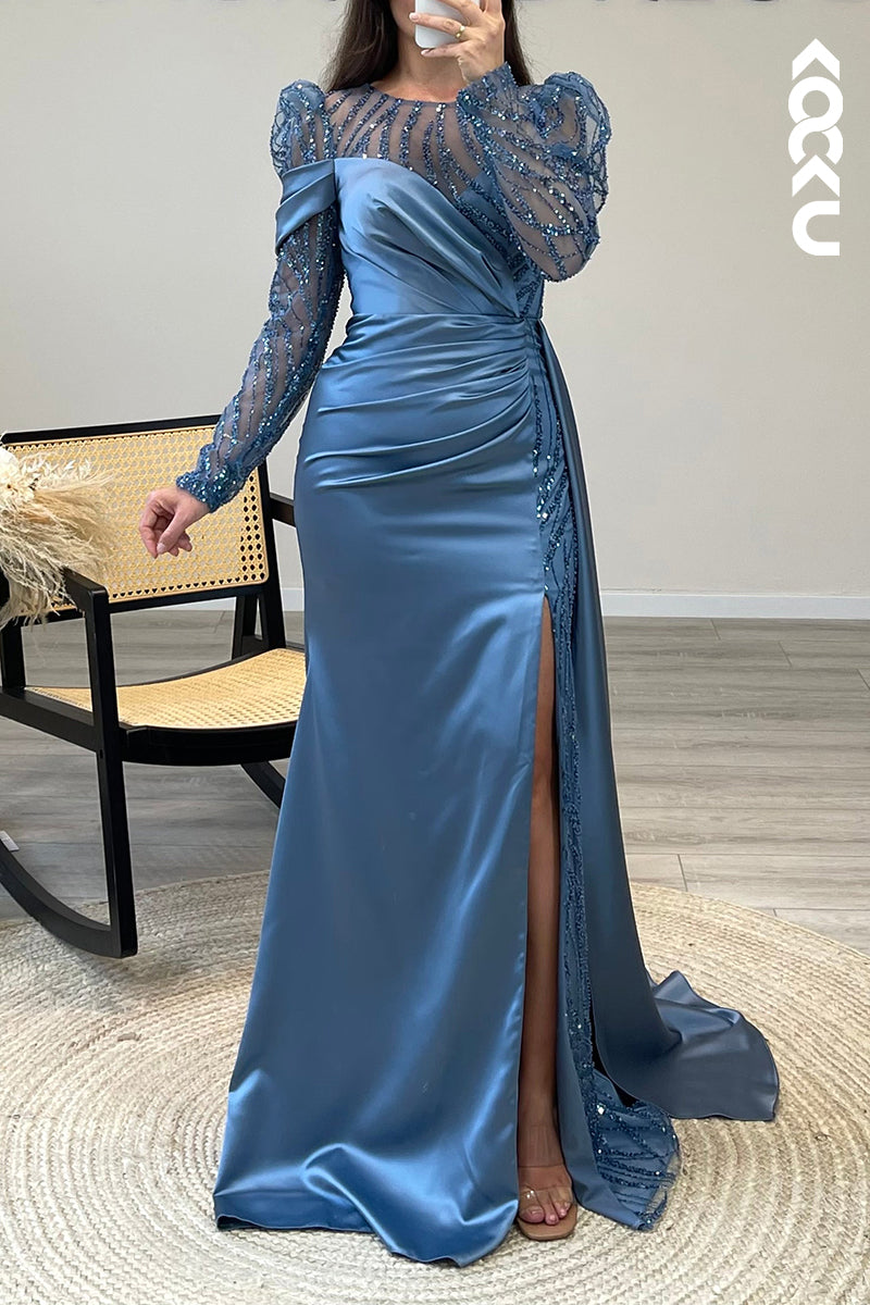 L1466 - Scoop Long Sleeves Beaded Satin Mermaid Long Semi Formal Dress