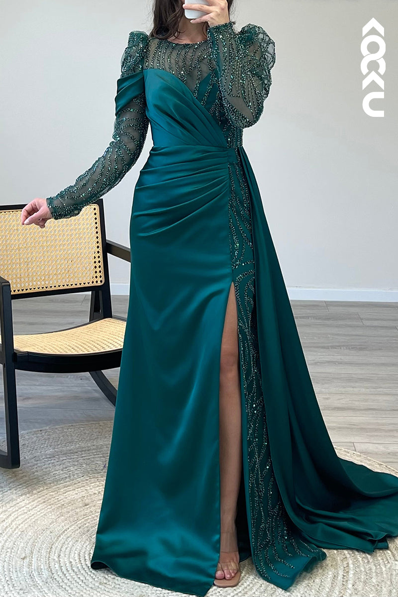 L1466 - Scoop Long Sleeves Beaded Satin Mermaid Long Semi Formal Dress