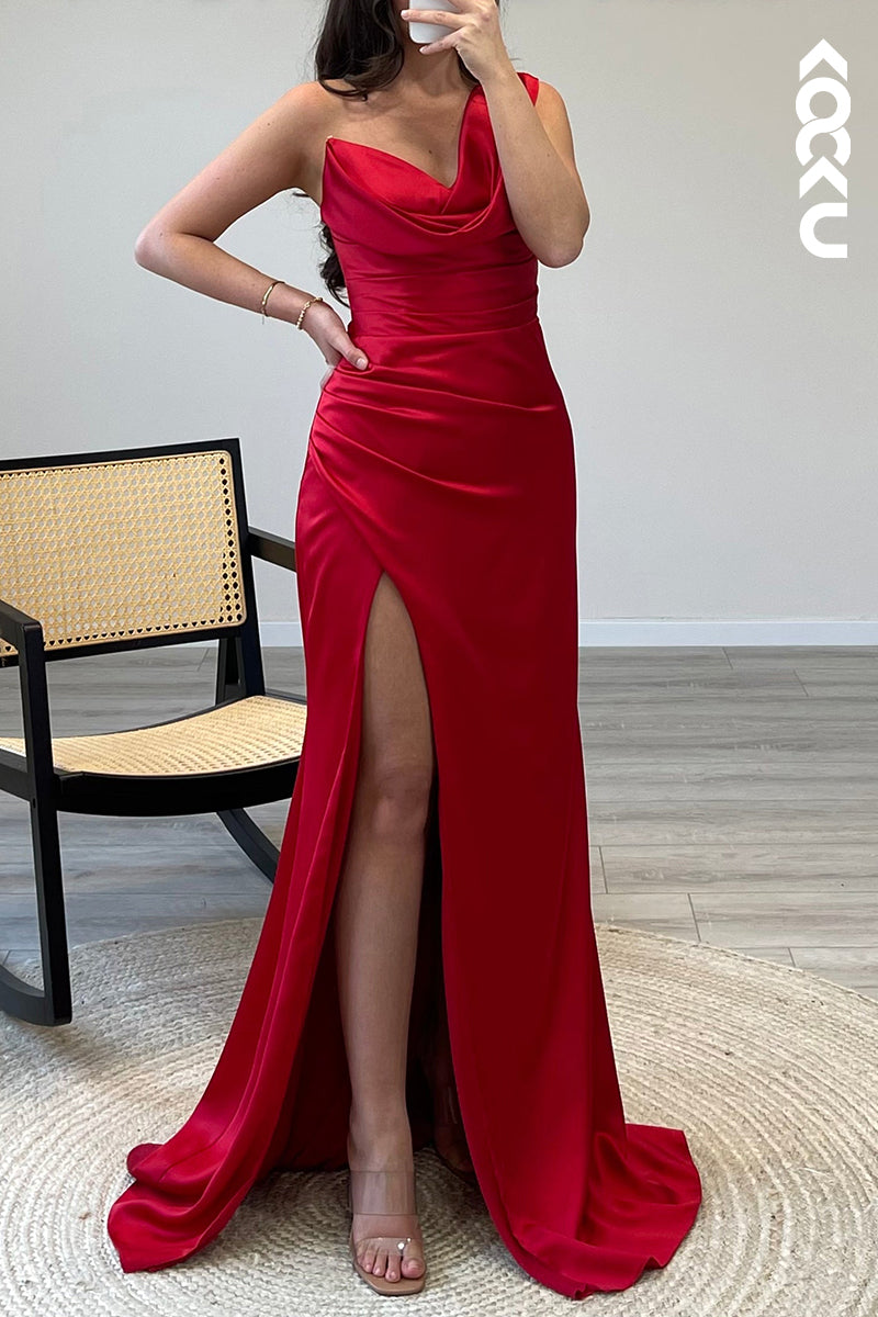 L1475 - One Shoulder Satin Pleated Mermaid Long Semi Formal Dress With Slit