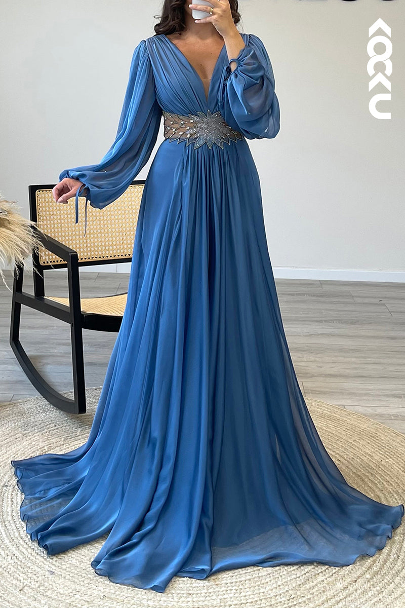 L1476 - V Neck Long Sleeves Chiffon Pleated A Line Long Semi Formal Dress