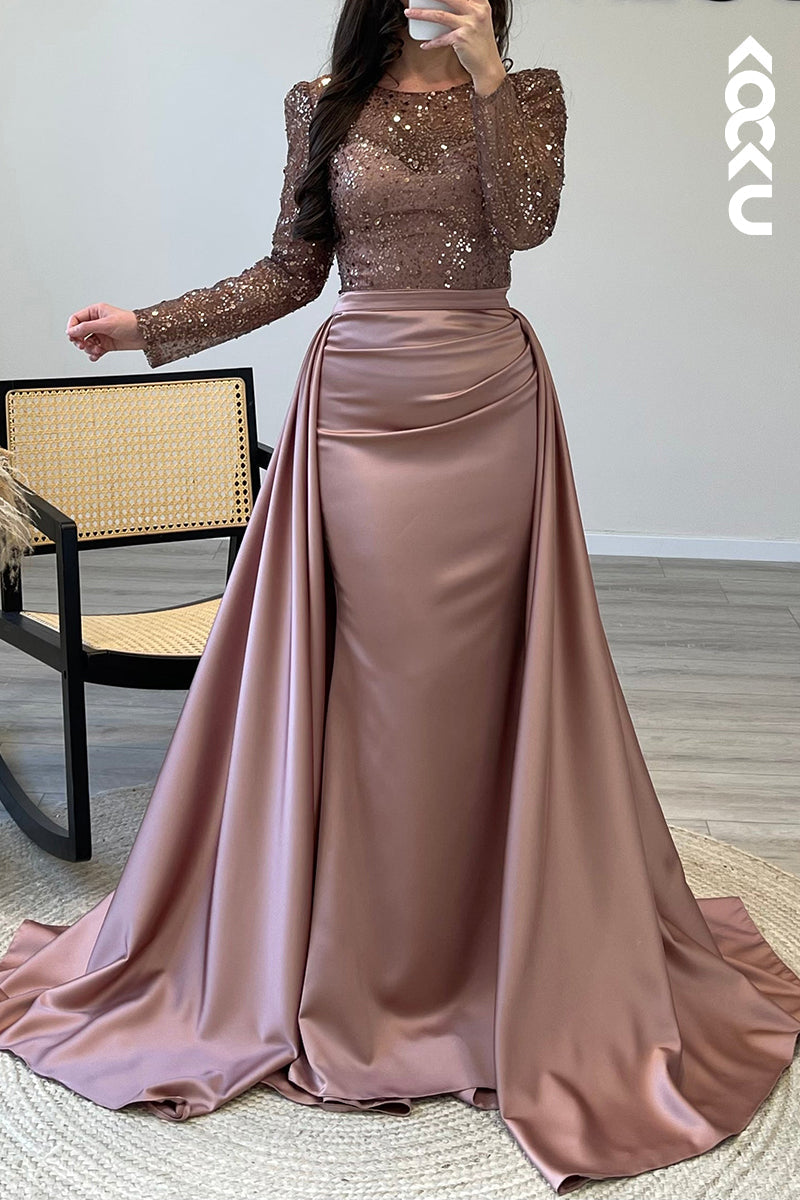 L1491 - Scoop Sheer Sequins Satin Mermaid Long Formal Dress for Wedding