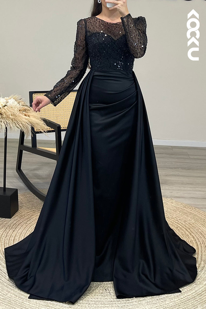 L1491 - Scoop Sheer Sequins Satin Mermaid Long Formal Dress for Wedding