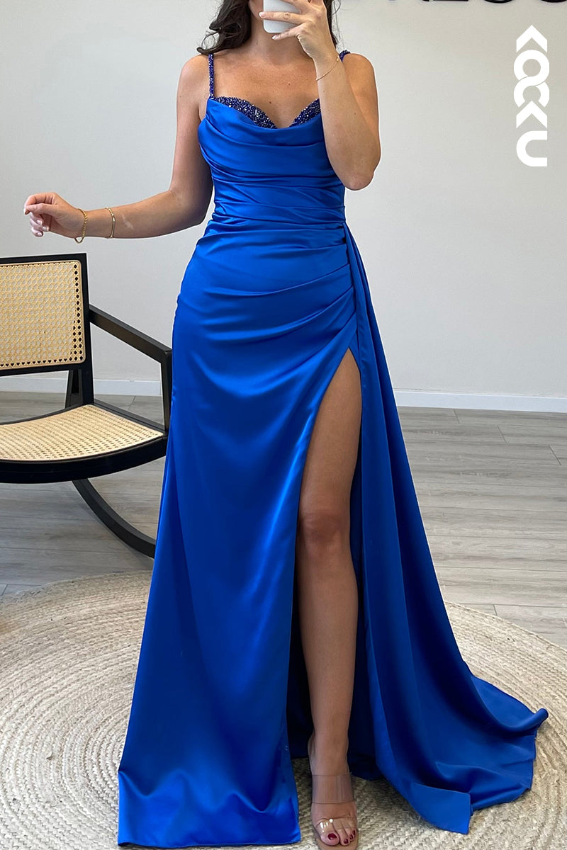 L1495- Sweetheart Beaded Satin Pleated Sheath Long Formal Dress for Wedding