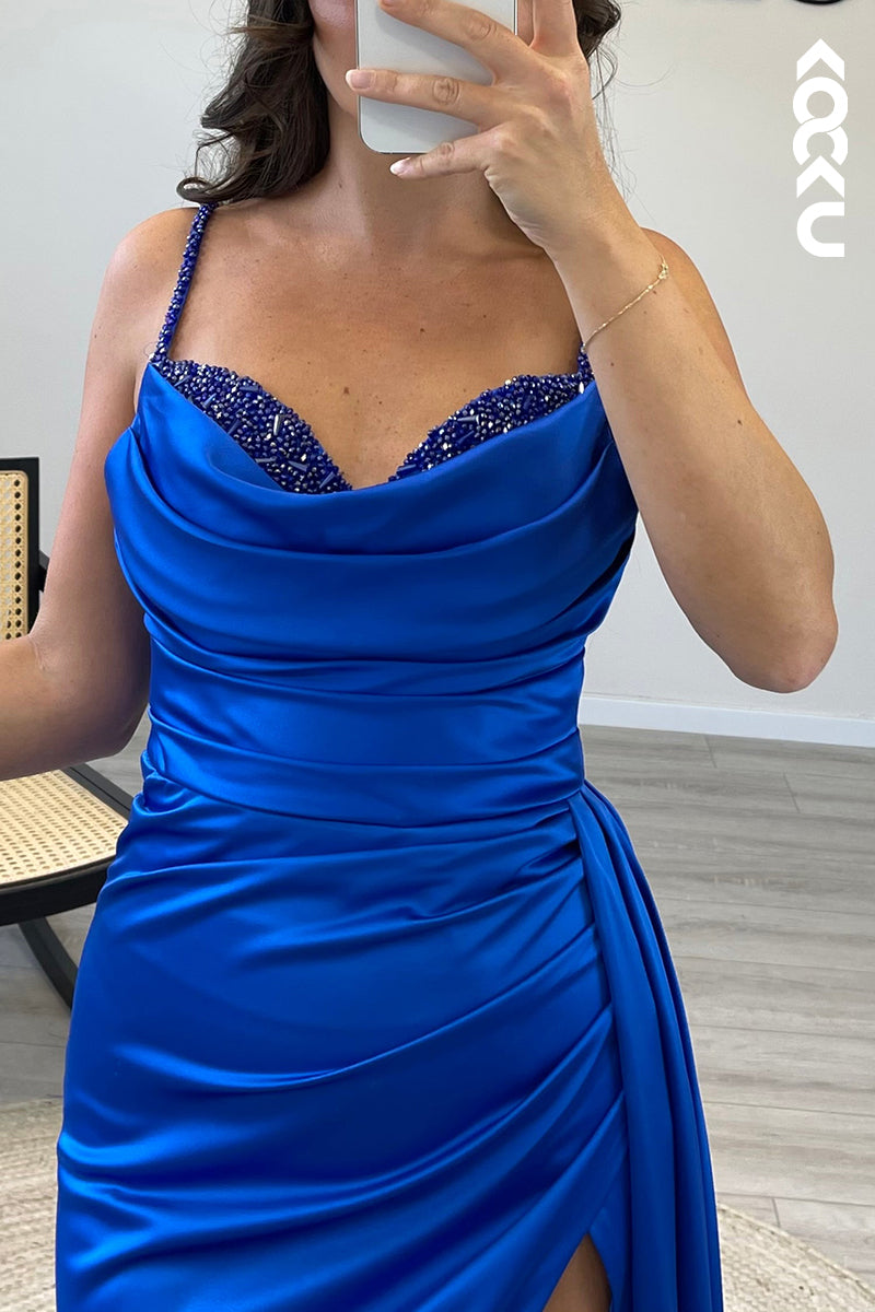L1495- Sweetheart Beaded Satin Pleated Sheath Long Formal Dress for Wedding