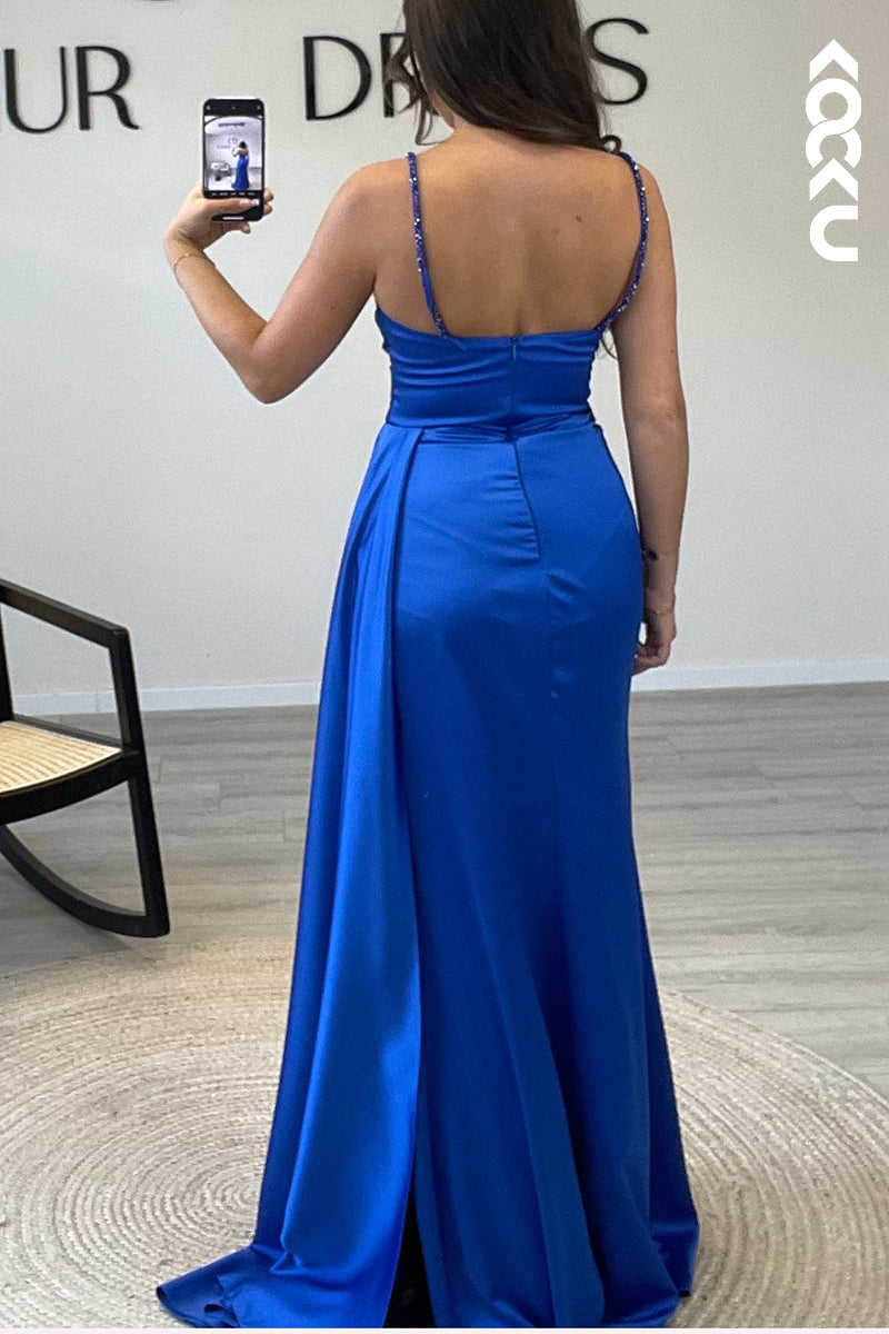 L1495- Sweetheart Beaded Satin Pleated Sheath Long Formal Dress for Wedding