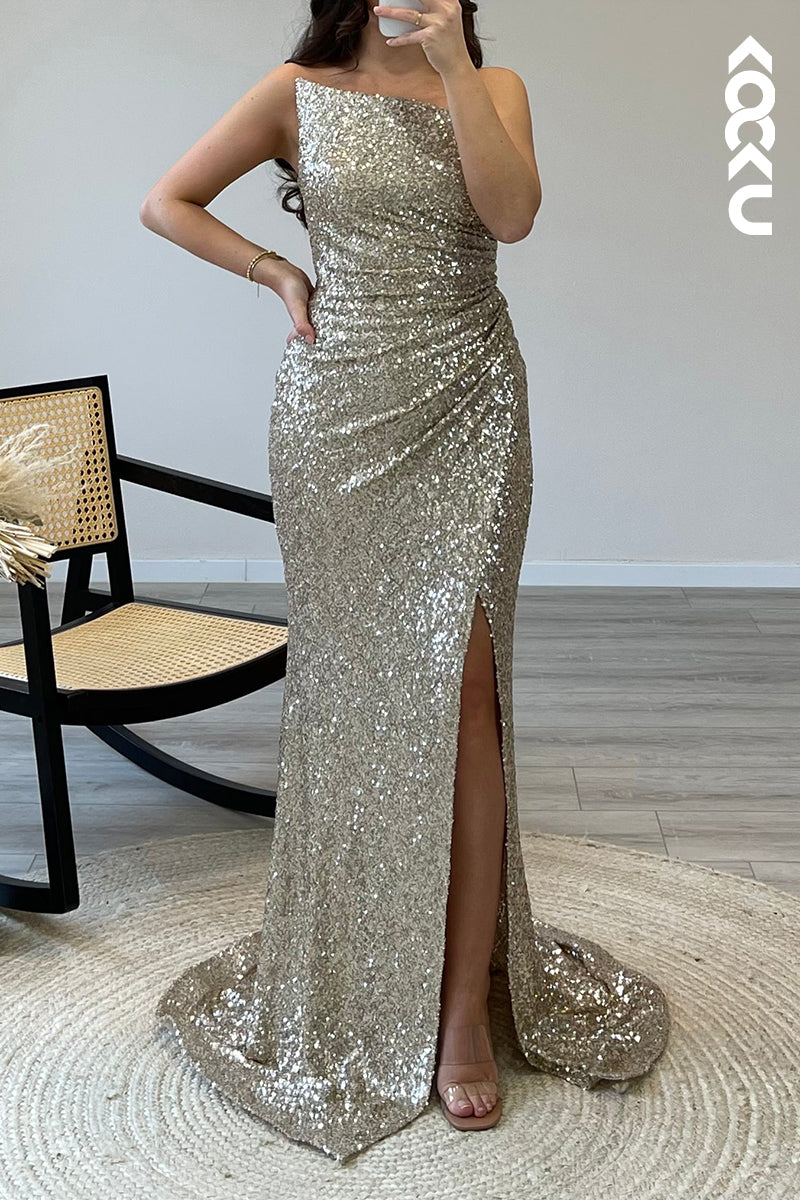 L1497 - Asymmetrical Strapless Sequins Pleated Mermaid Long Semi Formal Dress