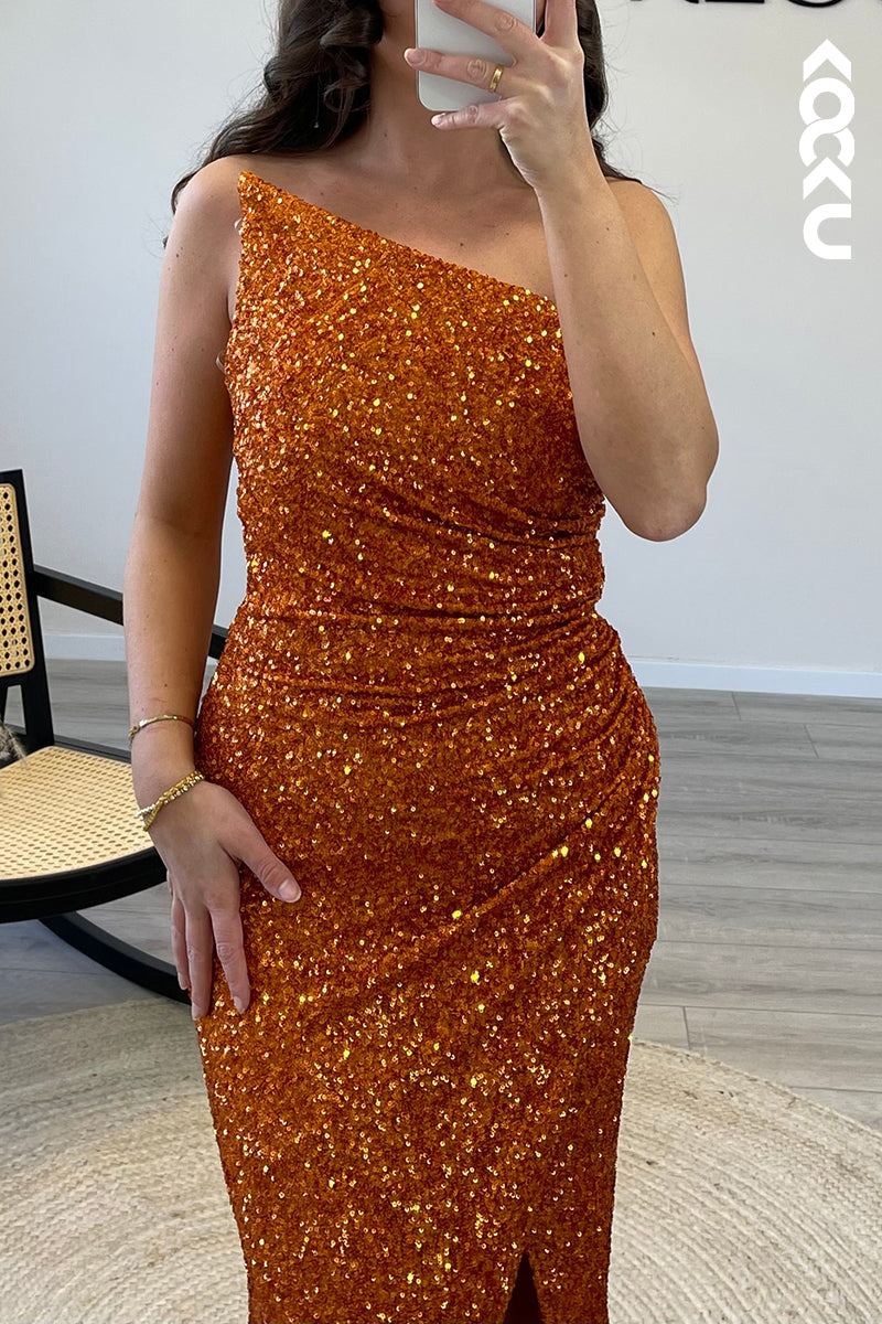 L1497 - Asymmetrical Strapless Sequins Pleated Mermaid Long Semi Formal Dress
