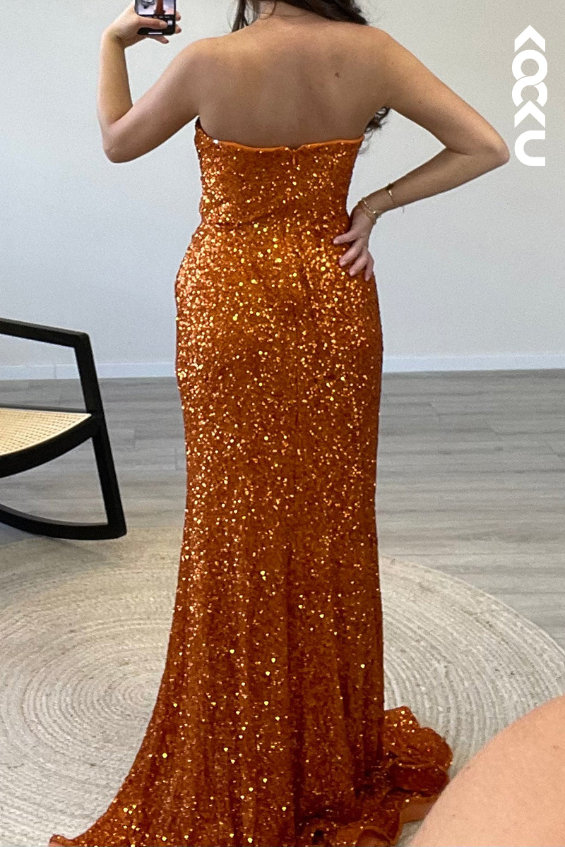 L1497 - Asymmetrical Strapless Sequins Pleated Mermaid Long Semi Formal Dress
