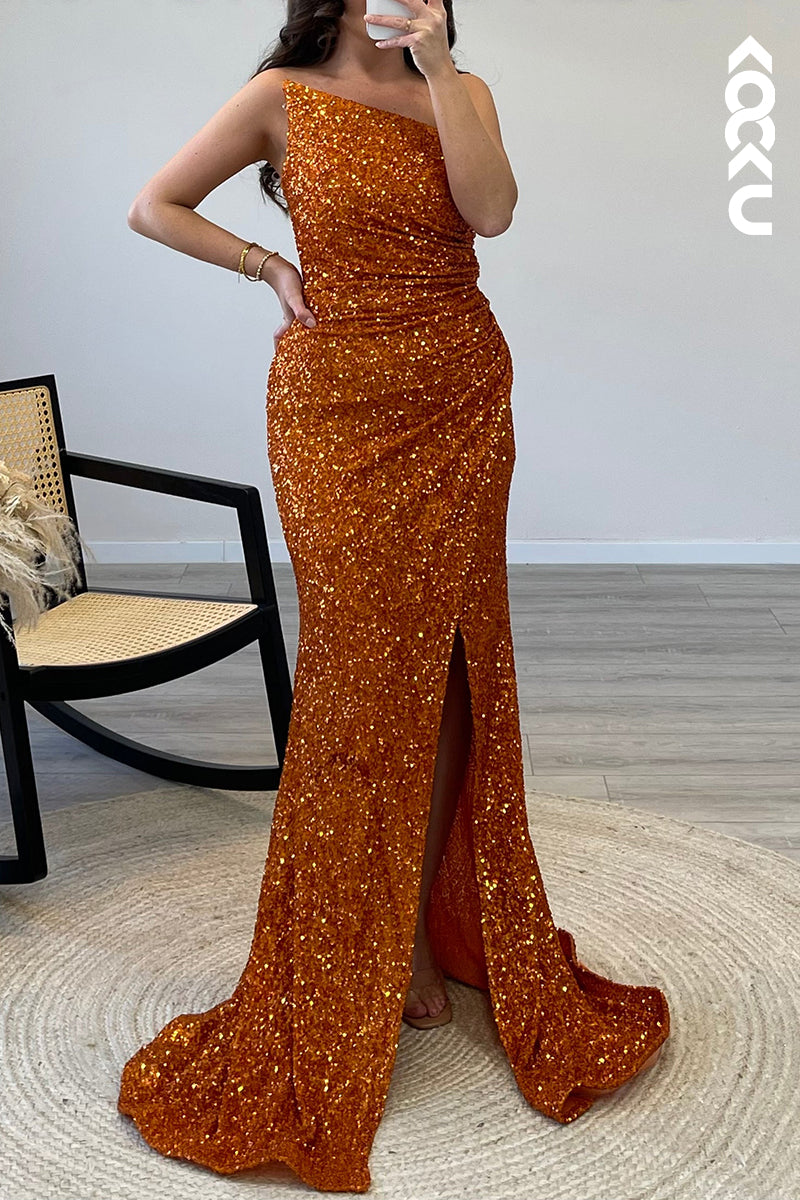L1497 - Asymmetrical Strapless Sequins Pleated Mermaid Long Semi Formal Dress