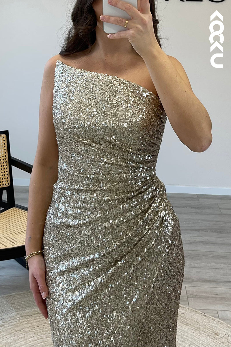 L1497 - Asymmetrical Strapless Sequins Pleated Mermaid Long Semi Formal Dress