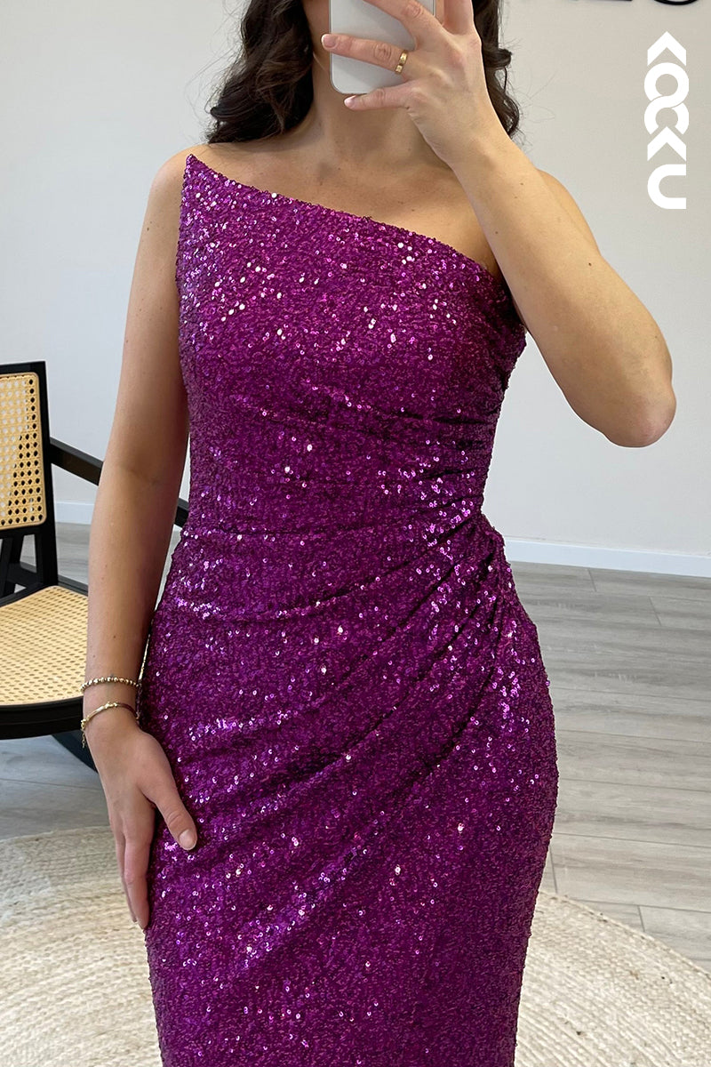 L1497 - Asymmetrical Strapless Sequins Pleated Mermaid Long Semi Formal Dress