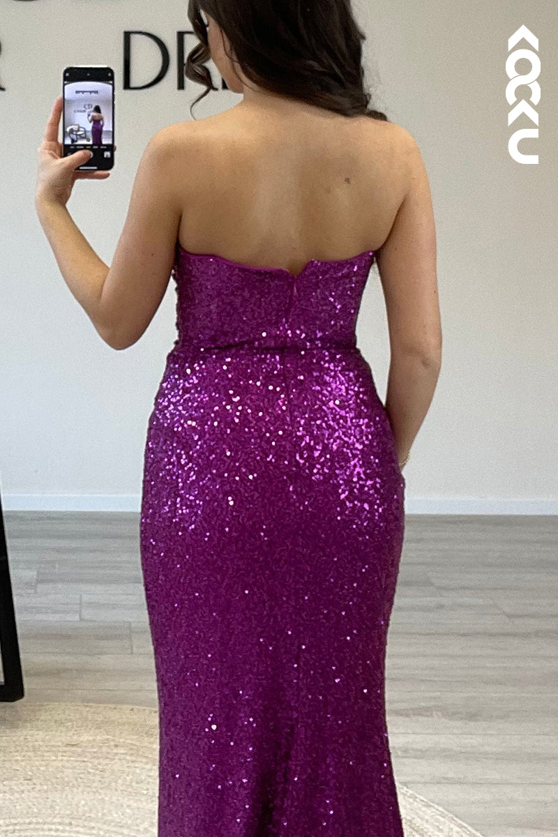 L1497 - Asymmetrical Strapless Sequins Pleated Mermaid Long Semi Formal Dress