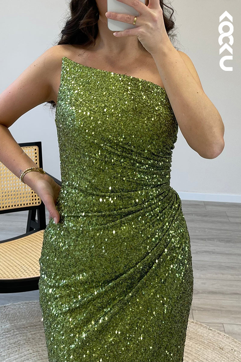 L1497 - Asymmetrical Strapless Sequins Pleated Mermaid Long Semi Formal Dress
