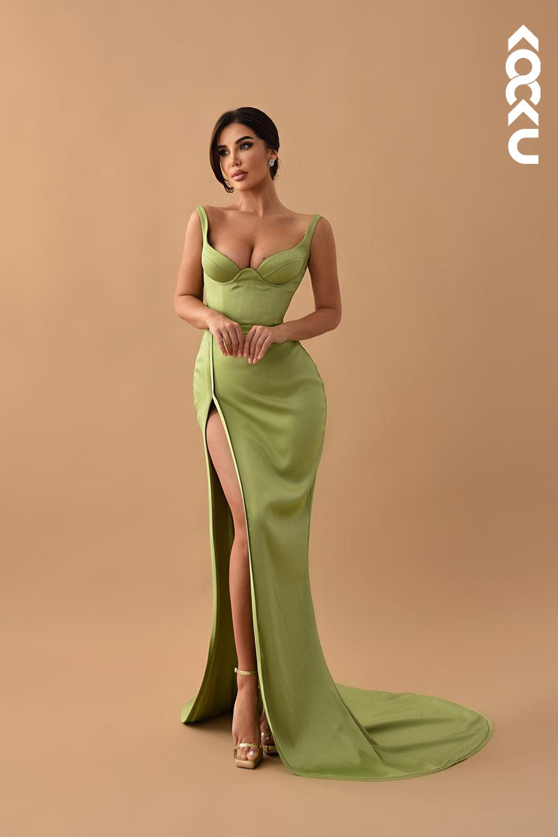 L1516 - Sexy V Neck Side Slit Satin Mermaid Long Prom Evening Dress With Train