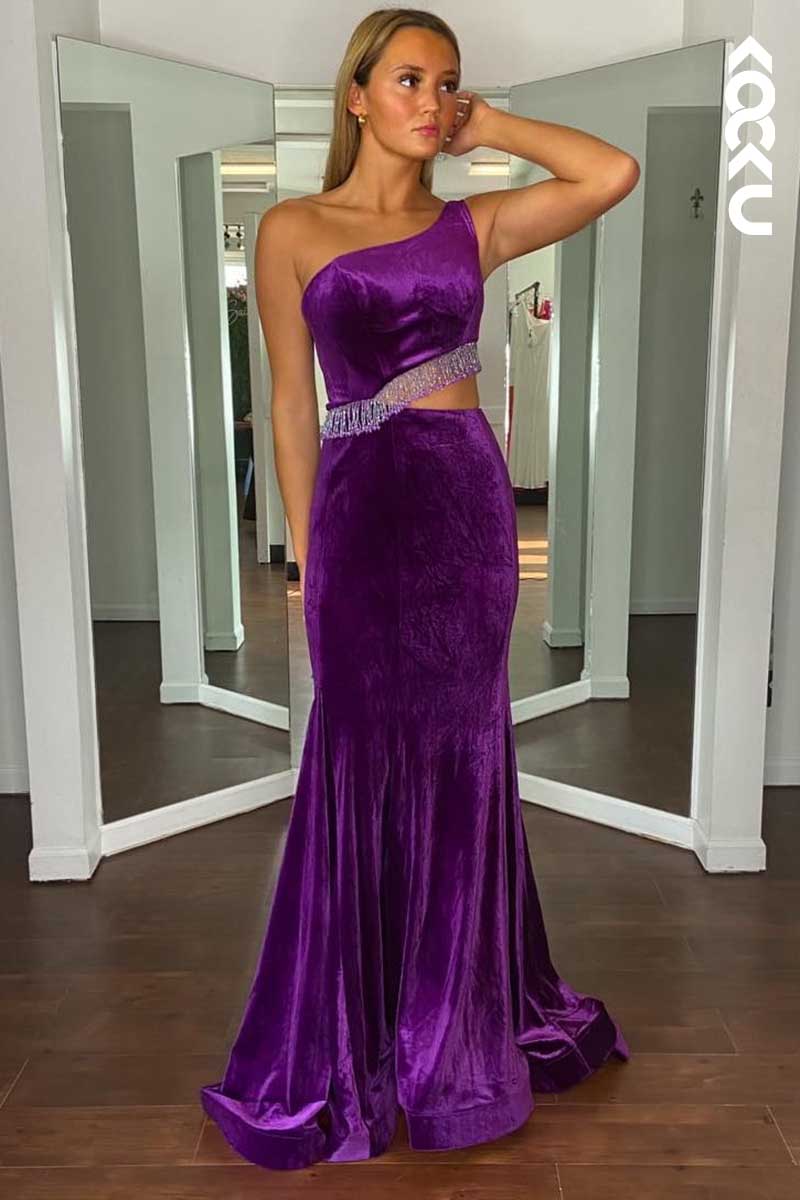 L1518 - One Shoulder Beaded Velvet Sheath Long Prom Dress With Sweep Train