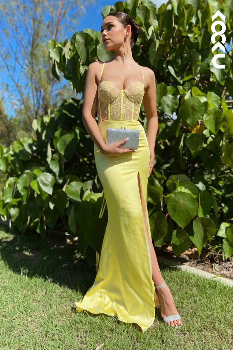 L1520 - Sweetheart Spaghetti Straps Lace Sheer Long Prom Dress With Slit