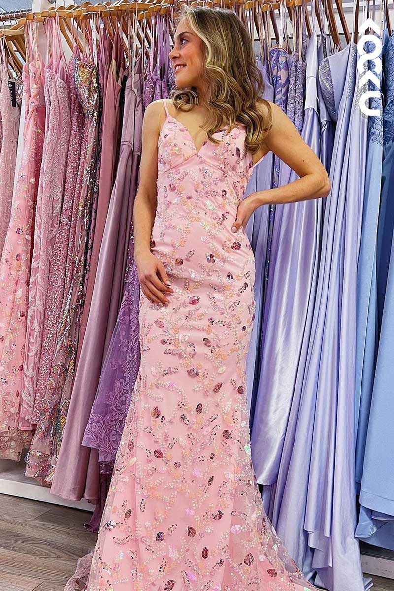 L1530 - V-Neck Spaghetti Straps Beaded Sequined Long Prom Dress