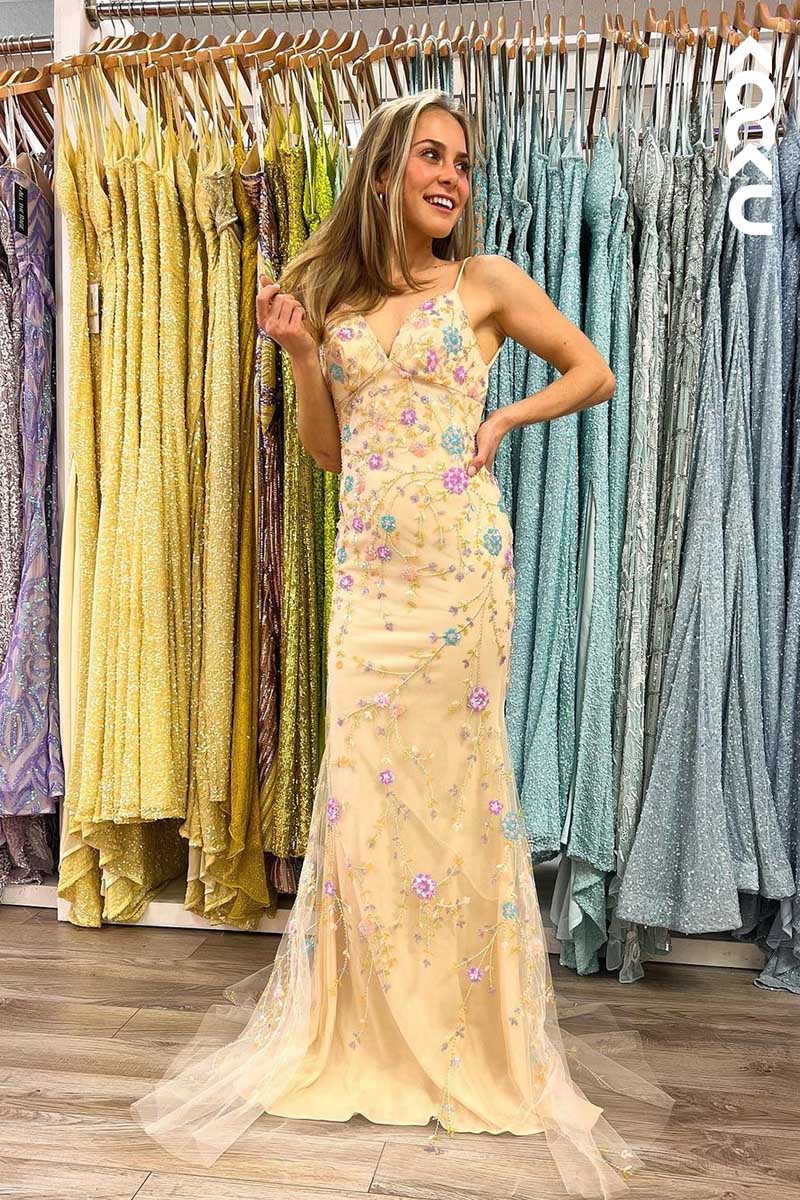 L1532 - V-Neck Spaghetti Straps Embroidery Beaded Sheath Long Prom Dress