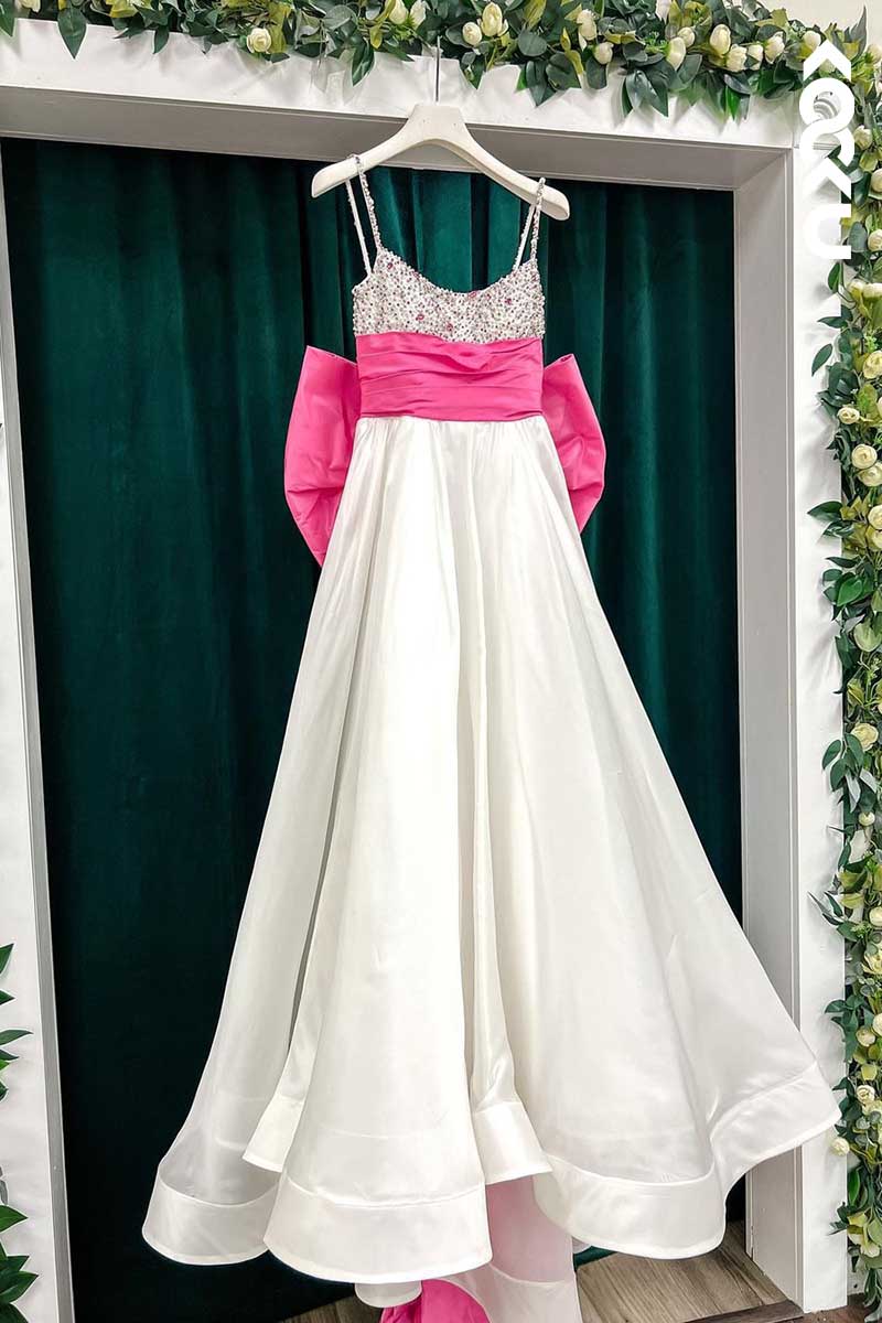 L1541 - Spaghetti Straps Sequined Beaded A-Line Long Prom Dress With Bow