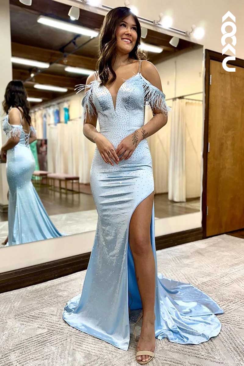 L1548 - V-Neck Off-Shoulder Sparkly Sheath Long Prom Dress With Slit