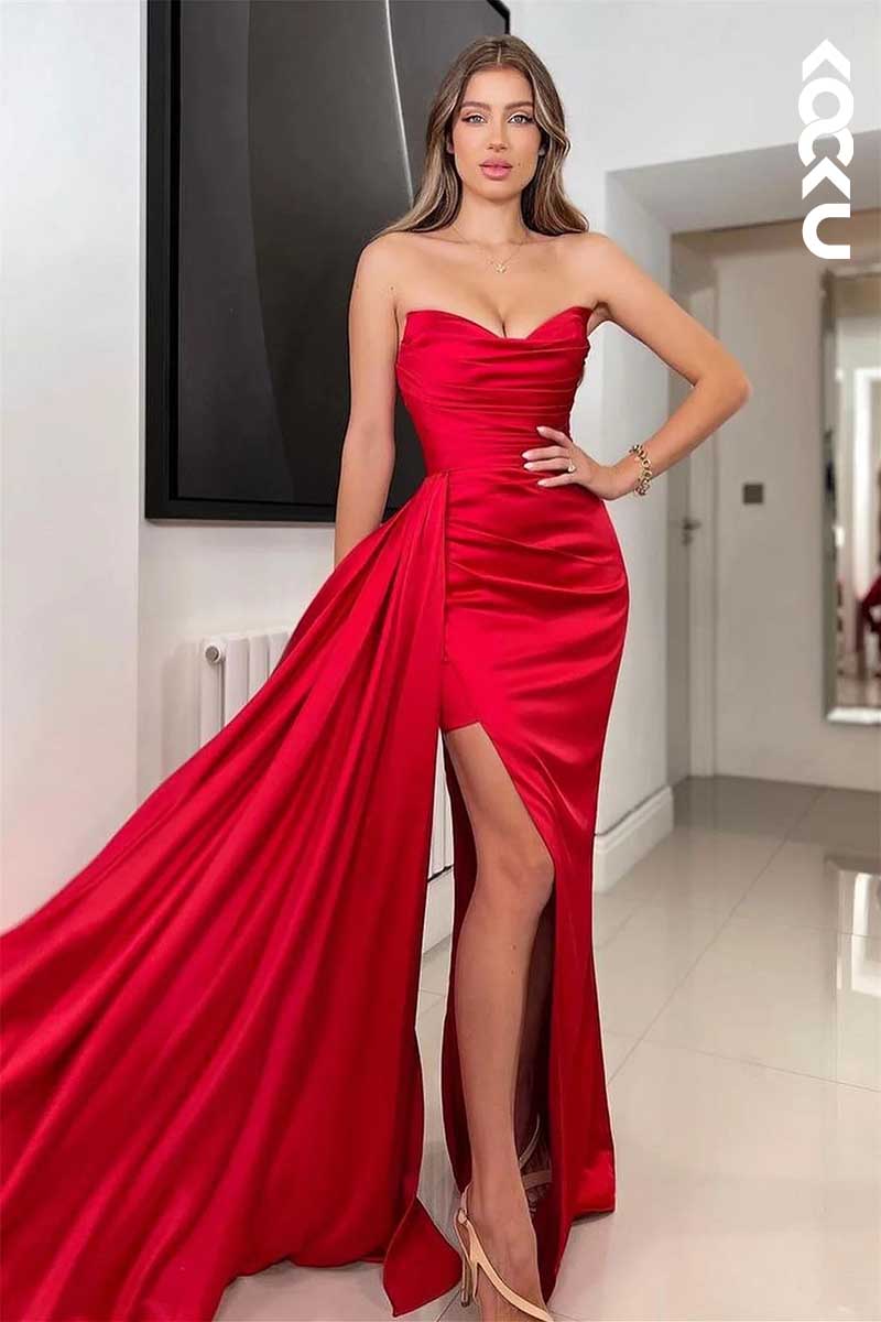 L1555 - Strapless Pleated Ruched Satin Long Prom Evening Dress With Slit
