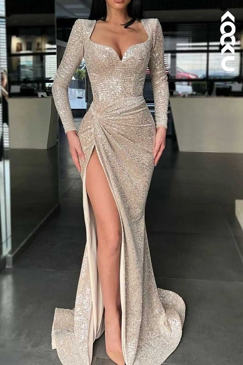L1556 - Square Neck Sequined Ruched Sheath Long Prom Evening Dress With Slit