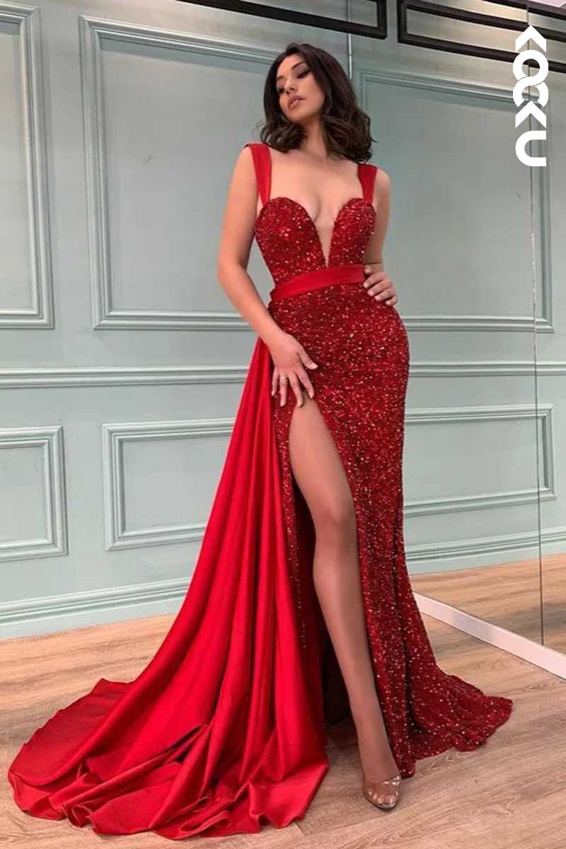L1557 - Deep V-Neck Sequined Thigh Slit Long Prom Dress With Sweep Train