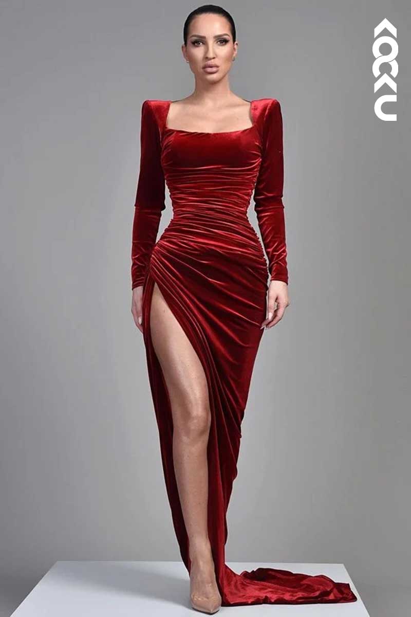 L1563 - Square Neck Long Sleeves Velvet Long Prom Evening Dress With Slit