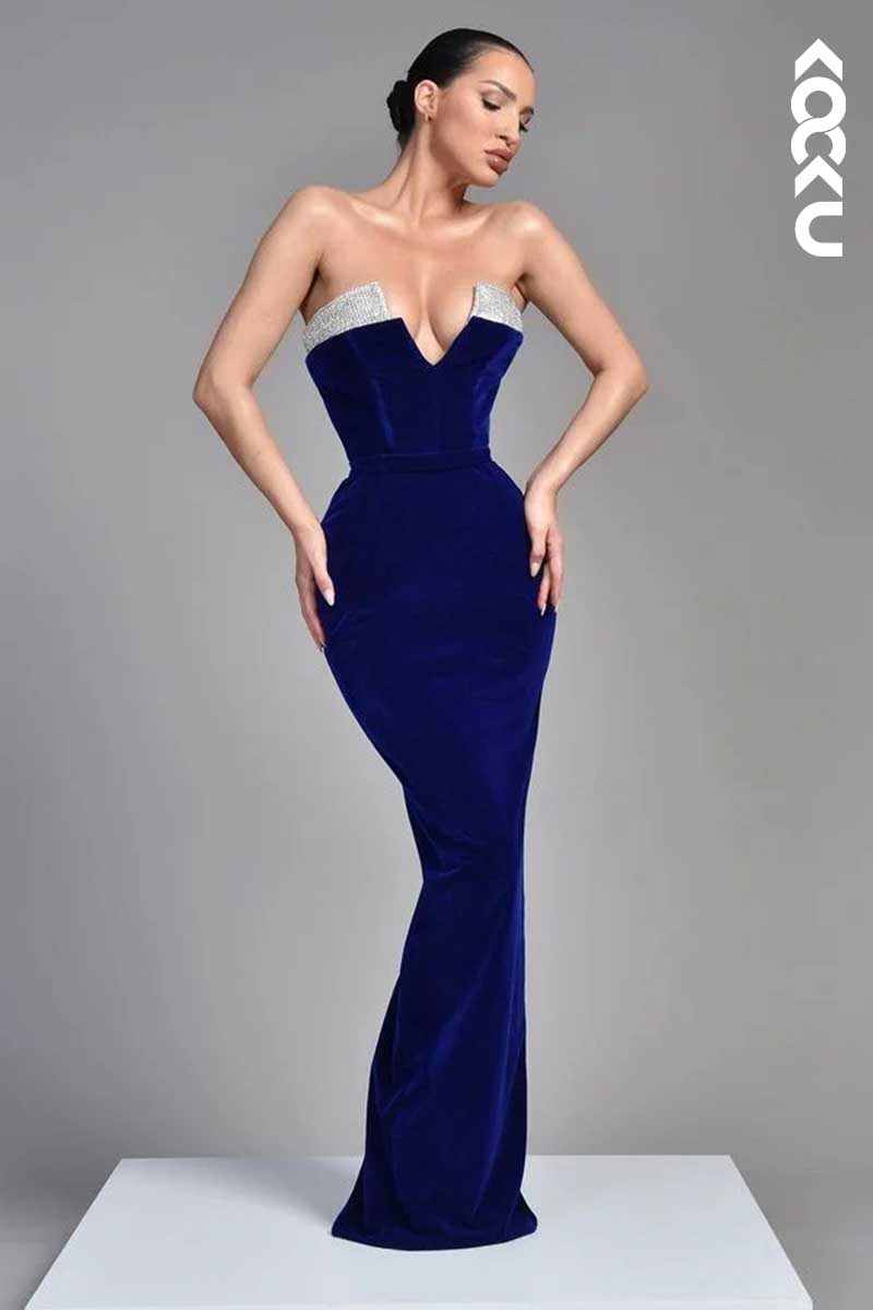 L1564 - V-Neck Strapless Sequined Sheath Long Prom Dress With Back Slit
