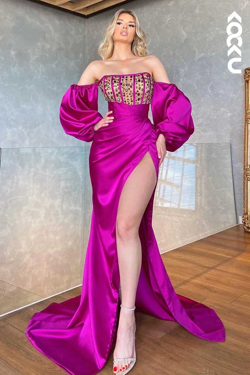 L1565 - Off-Shoulder Long Sleeves Beaded Sheer Long Prom Gown With Slit