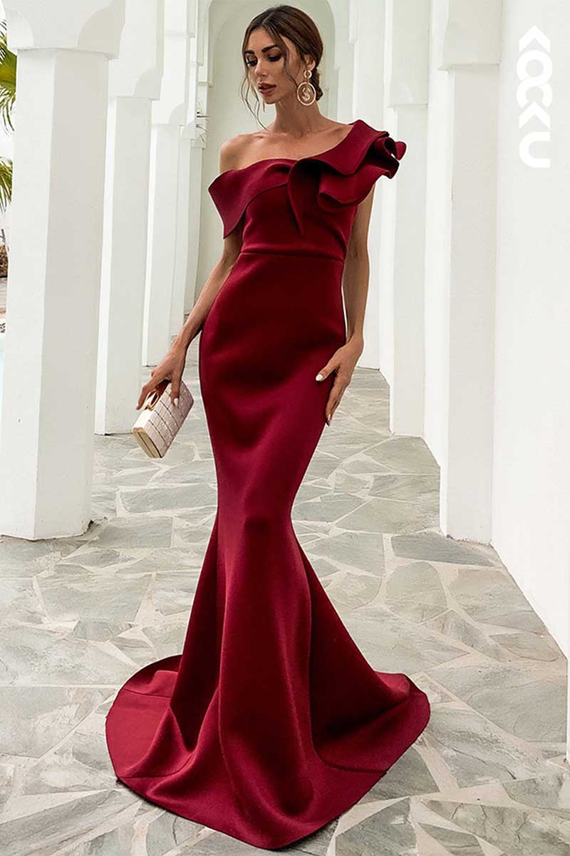 L1568 - One Shoulder Ruffles Mermaid Long Prom Gown With Sweep Train