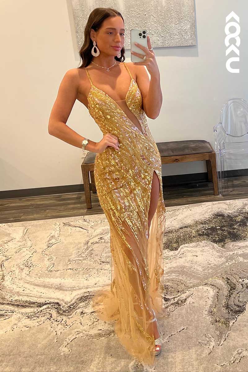 L1569 - V-Neck Cut Outs Sequined Beaded Sheath Long Prom Gown With Slit