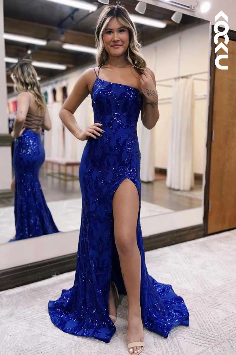 L1570 - One Shoulder Sequined Appliqued Sheath Long Prom Gown With Slit