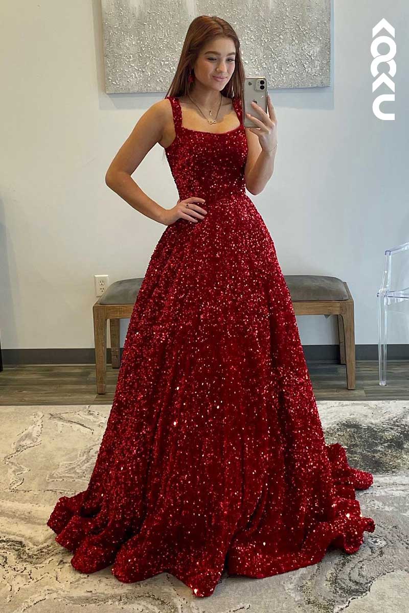 L1571 - Square Neck Sequined A-Line Long Prom Gown With Sweep Train