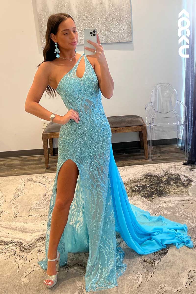 L1572 - One Shoulder Sequined Beaded Cut Outs Long Prom Gown With Slit