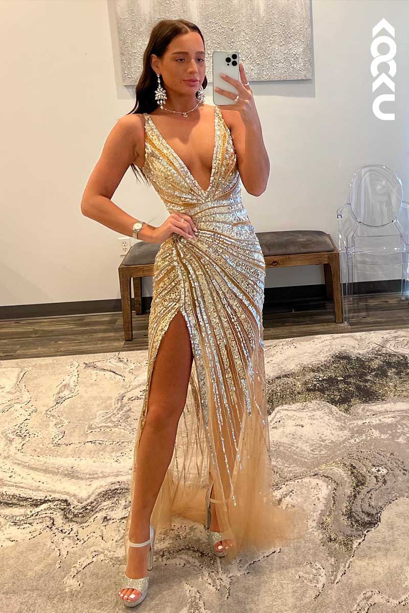L1573 - Deep V-Neck Sequined Beaded Thigh Slit Sheath Long Prom Gown