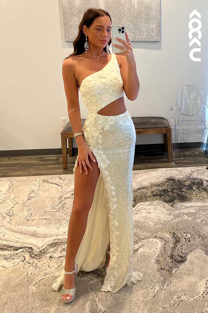 L1574 - One Shoulder Sequined Appliqued Cut Outs Sheath Long Prom Gown