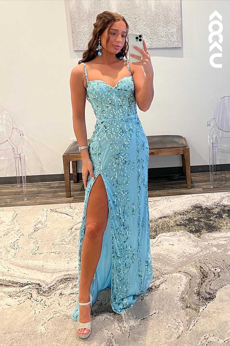 L1576 - Spaghetti Straps Sequined Appliqued Sheath Long Prom Gown With Slit