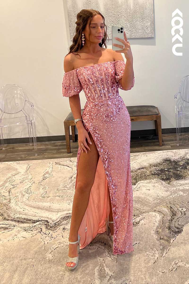 L1577 - Off-Shoulder Short Puff Sleeves Sequined Appliqued Long Prom Gown