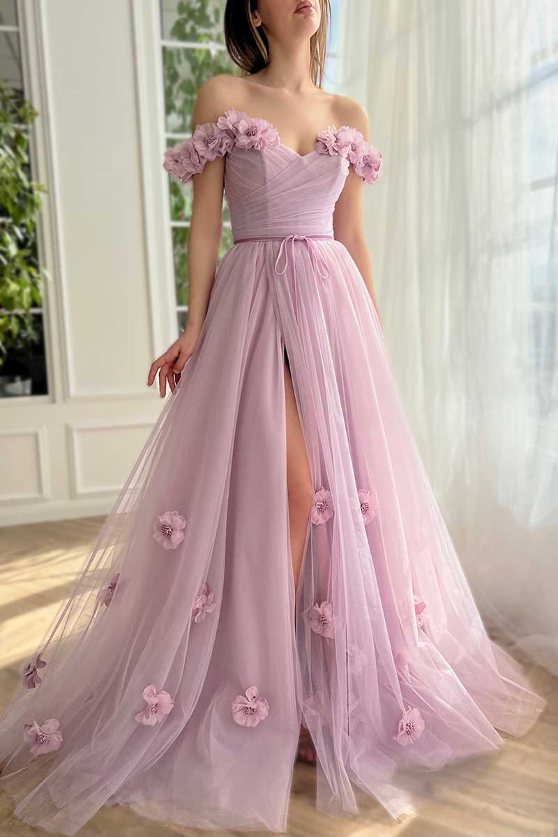 L1578 - Off- Shoulder Ruched A-Line Tulle Long Prom Gown With Sweep Train