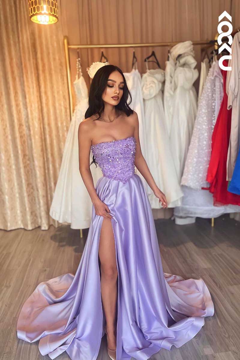 L1579 - Strapless Sequined Beaded A-Line Long Prom Evening Gown With Slit