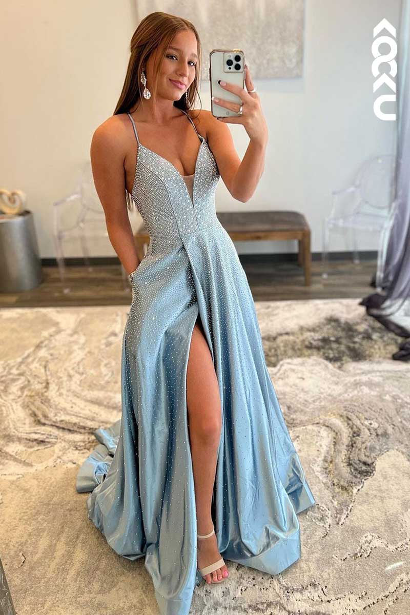 L1585 - Deep V-Neck Spaghetti Straps Sparkly A-Line Long Prom Evening Gown