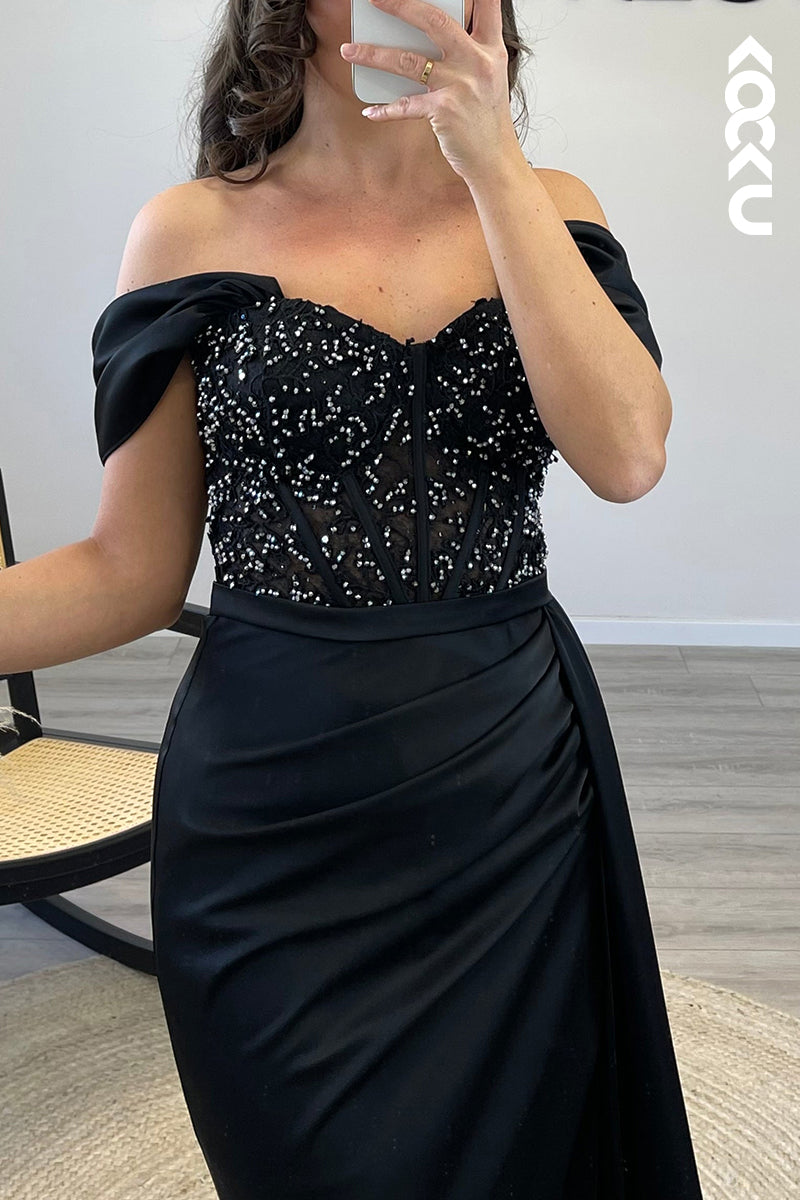 L1586 - Mermaid/Trumpet Off Shoulder Beaded Satin Long Formal Dress for Wedding