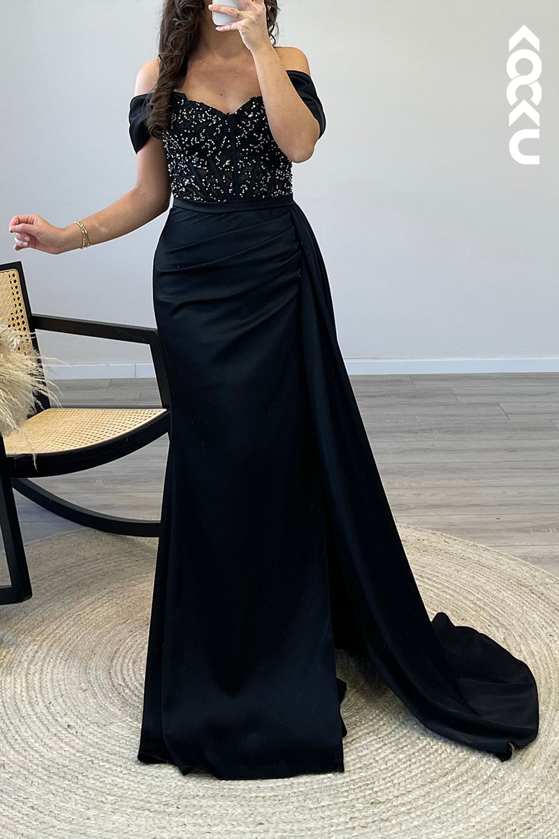 L1586 - Mermaid/Trumpet Off Shoulder Beaded Satin Long Formal Dress for Wedding